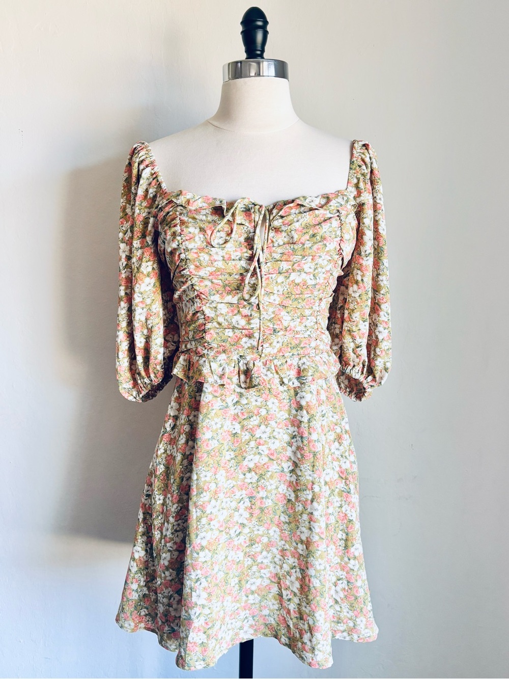 Lush Lime Rose Floral Puff-Sleeve Lace-Up Open Back Mini Dress